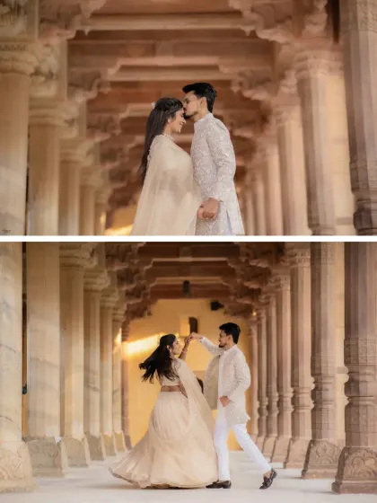 A dynamic duo of shots showing both a quiet, intimate moment and a joyful, twirling dance. This captures the different facets of Ayush and Akshitha's relationship against a stunning architectural backdrop.
