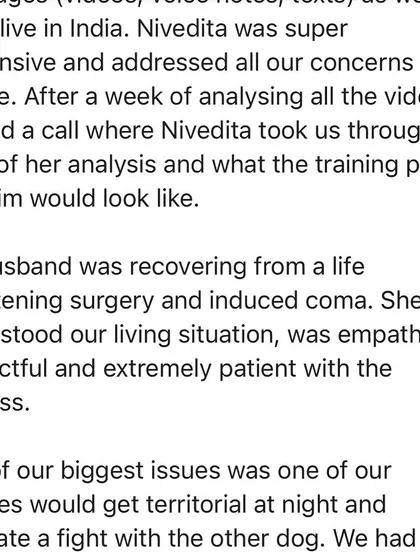 This part of the review speaks to my empathetic process, where I took the time to understand their family's difficult situation and created a patient, respectful training plan.