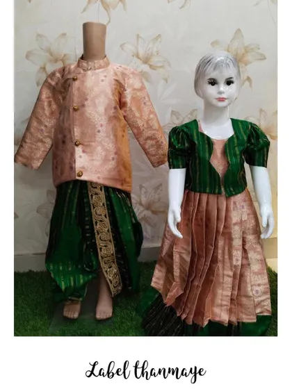 An ethnic twinning set for a brother and sister. I used traditional brocade fabric to create a dhoti-kurta for him and a matching gown for her.