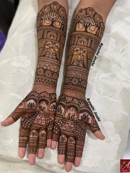 The full engagement mehendi, with bands of swans, parrots, and elephants, creating a design that is both traditional and full of life.