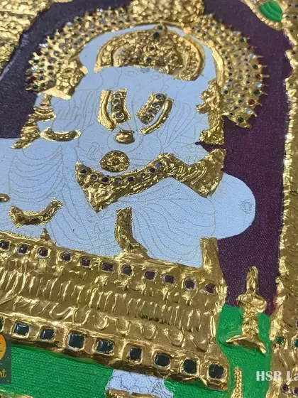 A Tanjore painting in progress. The gold work and stones are in place, and the piece is now ready for the delicate process of coloring, which will bring the deity to life.