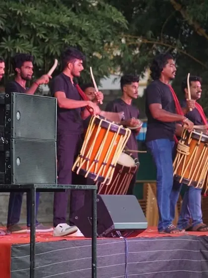 A shot of my artists performing a DJ Chenda Melam set on stage. The combination of our drums and the heavy bass from the speakers creates a sound that you can feel in your chest.