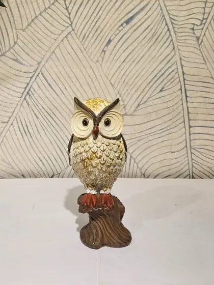 A classic owl figurine with a textured, feather-like finish. This piece adds a touch of wisdom and nature to your home decor.
