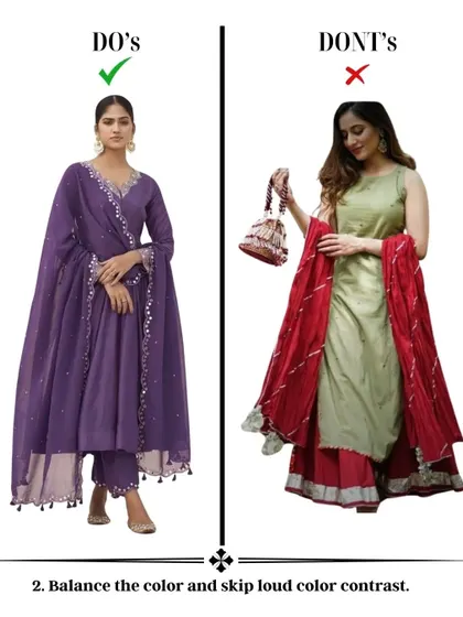 Here's a quick tip for styling Indian wear: balance your colors. Instead of loud, clashing color contrasts, opt for a monochrome look or harmonious tones for a more sophisticated and modern feel.