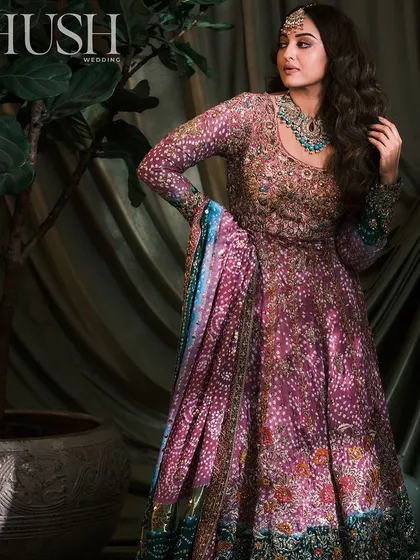 Sonakshi Sinha in a beautiful purple and blue outfit on our set, showcasing the beautiful synergy between fashion and decor.