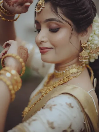 A close-up of a bride in a classic white and gold saree, capturing the grace in her pose and the details of her jewelry.