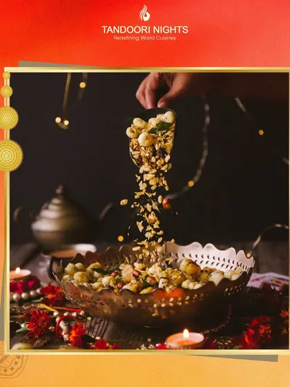 Navratri delights to spice up your celebrations. This image of festive snacks is part of our special onion and garlic-free menu, perfect for Mata Ki Chowki or Dandiya Night.