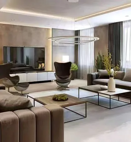 This spacious and luxurious living room uses a neutral color palette to create a calm and sophisticated environment. The layout features multiple seating areas, making it ideal for hosting large gatherings.