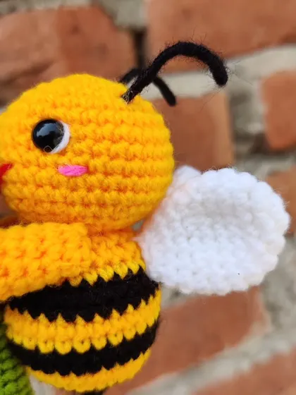A close-up of the bee's happy face.