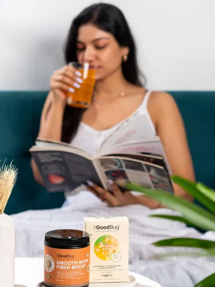 Lifestyle photography for a health supplement brand, showing a model enjoying the product while relaxing. This sells the benefit, not just the product.