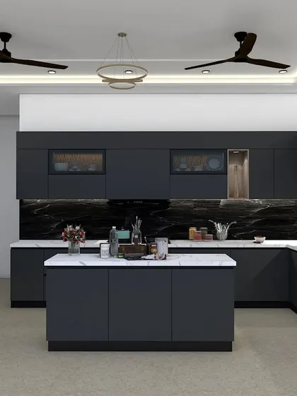 The central island in this kitchen isn't just for prep work; it's a social hub. With comfortable seating and a clean white marble top, it’s the perfect spot for casual meals or for guests to gather while you cook.