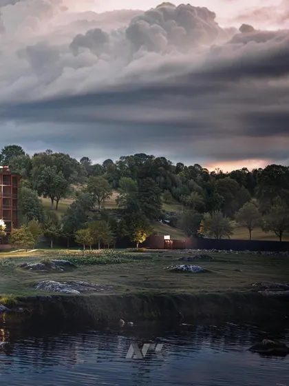 A dramatic, moody render of the Westin Nashik at dusk. The lighting design highlights the architecture's connection to the water and the surrounding natural environment.