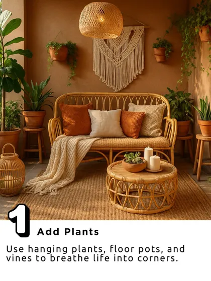 A key element of Bohemian design is bringing nature indoors. This cozy balcony setup uses a variety of potted plants, a rattan sofa, and earthy tones to create a perfect, free-spirited relaxation corner.