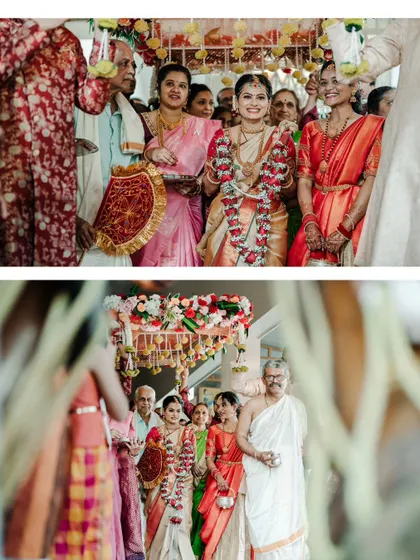 A collage of the bride's entrance, surrounded by the important women in her life.