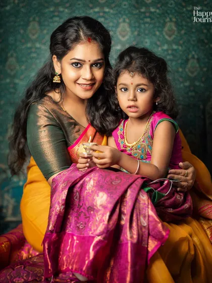 A stunning portrait of a mother and daughter in traditional attire. The rich colors and their direct gaze create a powerful and beautiful image.