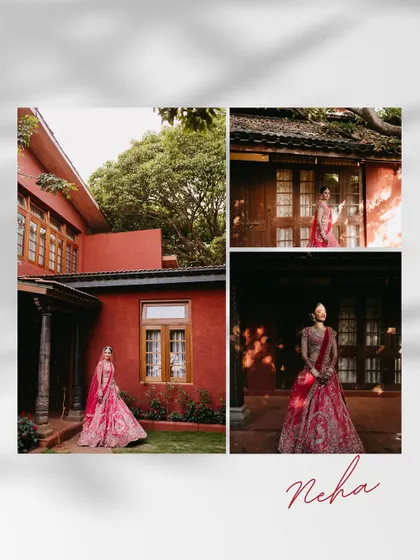 A collage of a bride in a pink lehenga posing in and around a rustic red villa, showcasing her regal look against the beautiful architecture.