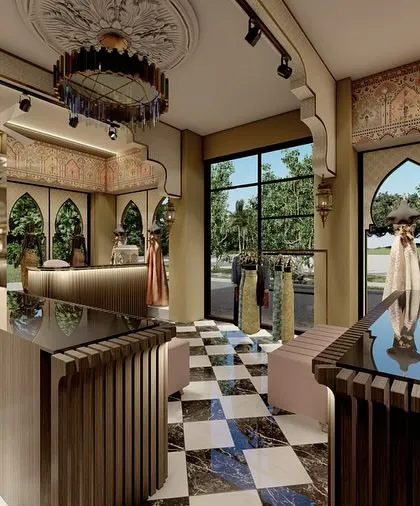 A 3D concept view from inside the boutique, looking towards the entrance. We use these renders to finalize every detail, from the flooring pattern to the style of the display units.