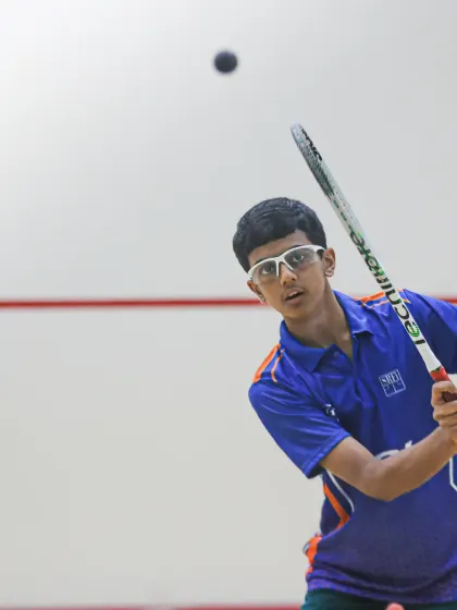 Eyes on the ball. Aryaman Singh prepares to return a shot, a moment of intense concentration during his training.