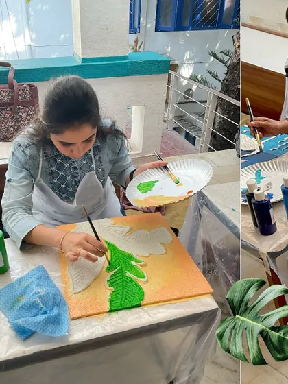 A collage showcasing the variety of textured art created in one of my workshops, from tropical leaves to beach scenes.