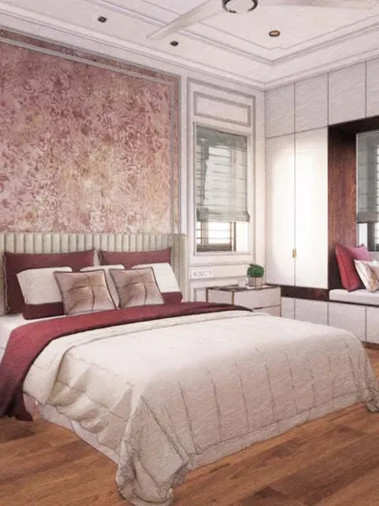 A bedroom concept featuring regal yet soft tones, with a textured accent wall and a comfortable bay window seat.