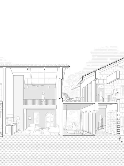 A detailed architectural section of Maison Rouge. This drawing reveals the home's unique massing, which combines a modern, double-height living space with more traditional, intimate rooms, all connected by open verandas.