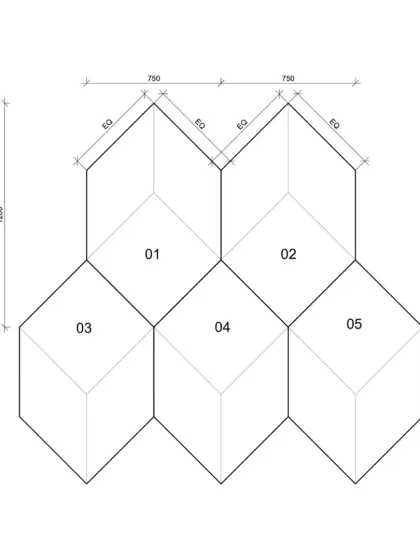 The geometric plan for the interlocking 3D acoustic panels. This drawing illustrates the modular design, which allows for both visual rhythm and precise control over the sound characteristics of the auditorium space.