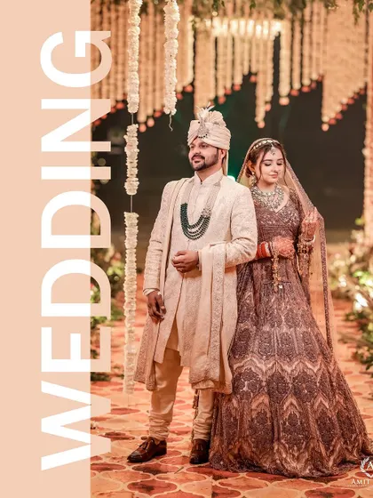 A beautifully designed graphic showcasing the couple on their wedding day. This serves as a modern and elegant way to announce their union, combining a classic portrait with stylish typography.