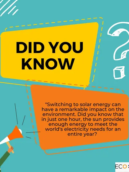 A "Did You Know?" fact about the power of solar. In just one hour, the sun provides enough energy to meet the world's electricity needs for an entire year, highlighting its incredible potential.