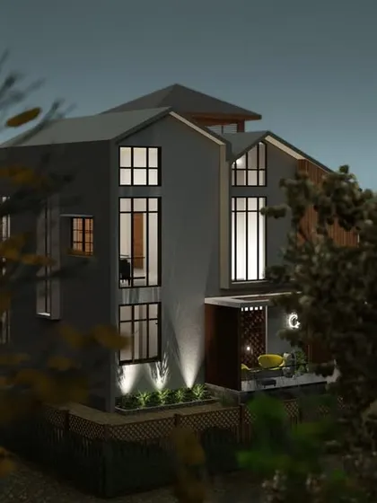 A night view of a proposed home design, showing how exterior lighting can be used to highlight architectural features and create a warm, inviting ambiance.