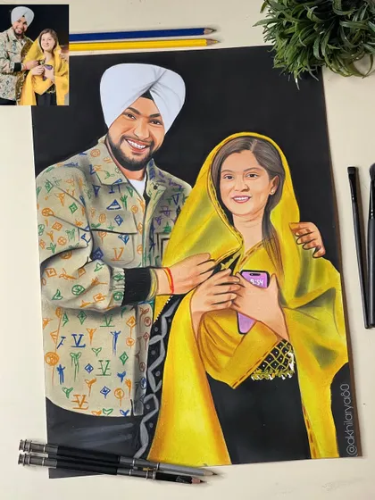 A bright and happy couple portrait on A3 paper. The yellow theme brings so much energy to the drawing, and I used colored pencils to capture their joyful interaction.