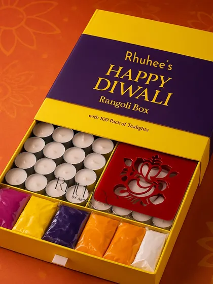 Our minimal and pocket-friendly Rangoli Box is perfect for sharing the festive spirit. It includes rangoli colors, a Ganesha stencil, and a pack of 100 tealights to make your Diwali decorations complete.