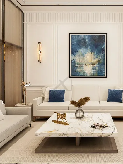 The seating area is defined by classic wall molding and a bold piece of abstract art. The marble coffee table and brass sconces add touches of luxury.