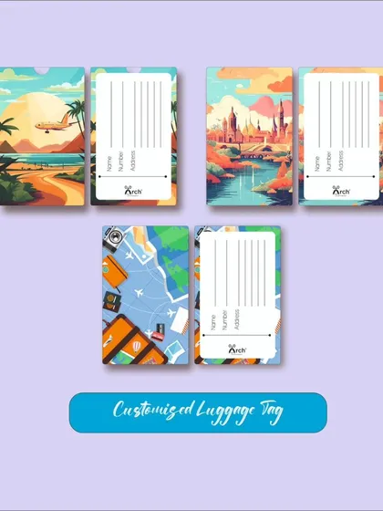 Duplicate of 47. Travel in style with these custom luggage tags. This set features vibrant, artistic travel scenes, with space on the back for your contact information.
