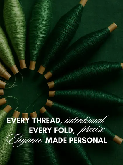 Every thread is intentional, every fold precise. This image of green thread spools symbolizes the foundational element of our craft, where elegance is made personal.