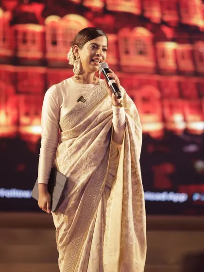 Speaking at the "Rising Rajasthan" cultural evening in Jaipur. Hosting a government event of this scale requires a blend of grace, authority, and cultural sensitivity, which I strive to bring to the stage.