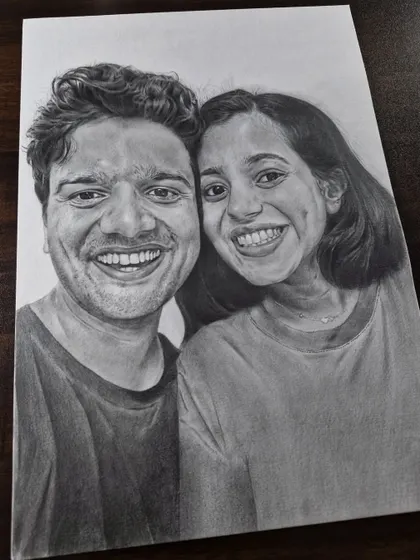 A happy couple captured in a custom graphite sketch. I can turn your favorite selfie or photo into a romantic piece of art.