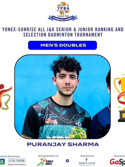 Puranjay Sharma crowned Men's Doubles Champion at the All J&K Senior & Junior Ranking tournament.
