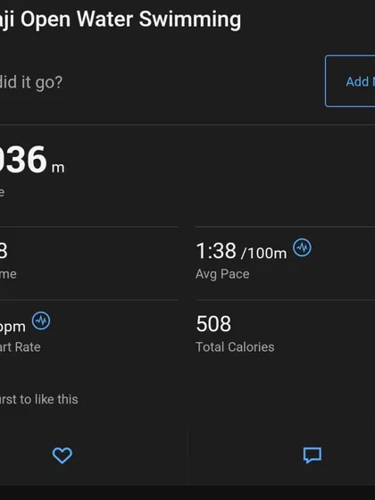 The final numbers from a 1.9km open water swim. Tracking metrics like pace, heart rate, and distance is a great way to measure improvement.