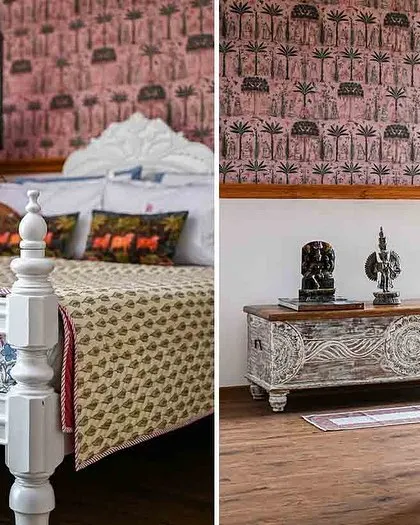 A split view of the guest room, showing the refinished heirloom bed and a carved wooden chest.