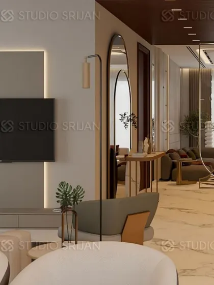 A detail shot of a drawing area in Model Town, New Delhi, showing the use of arched mirrors and elegant floor lamps to create a sophisticated ambiance.
