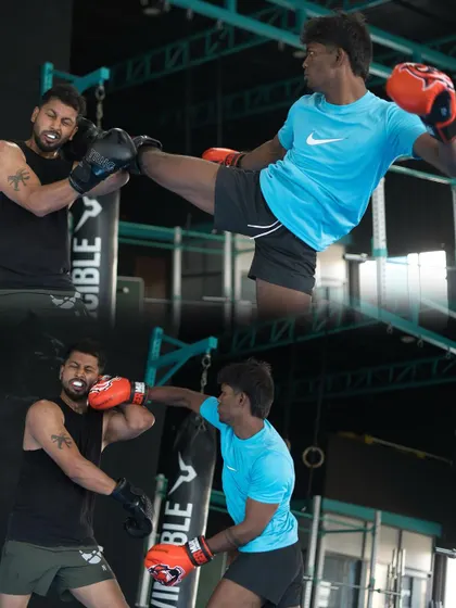 A collage showing a dynamic sparring exchange between a coach and a student. You can see a high kick being blocked and a counter punch being thrown, illustrating the chess match that is MMA striking.