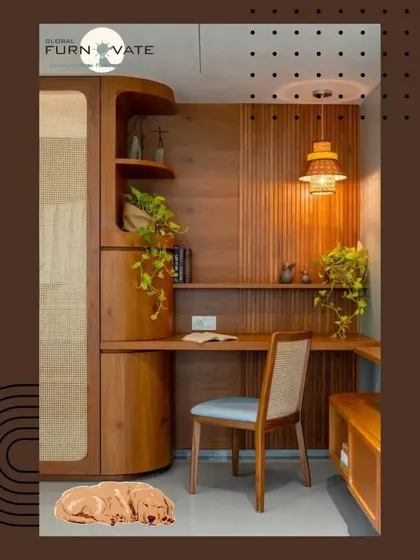 A dedicated study corner crafted from warm-toned wood. The design includes a built-in desk, overhead shelving, and a curved wardrobe, making it a perfect example of a multi-functional space.