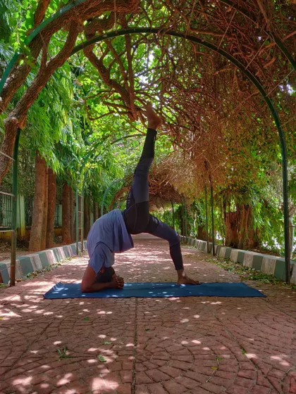 Eka Pada Viparita Dandasana (One-Legged Inverted Staff Pose) under a canopy of leaves. This pose is a beautiful combination of a backbend, inversion, and leg extension.