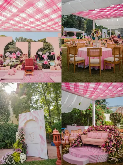 The decor sets the stage for the celebration. This collage showcases the beautiful pink and white themed decor from Radhika and Shivank's elegant Roka ceremony.