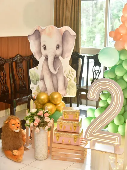 Another detail from the jungle party, with a large elephant cutout and a light-up number '2'.