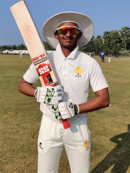 Vishal Onat, a talented batsman from our academy, proudly representing his team. His selection to the NCA U-19 camp is a testament to his consistent performances.