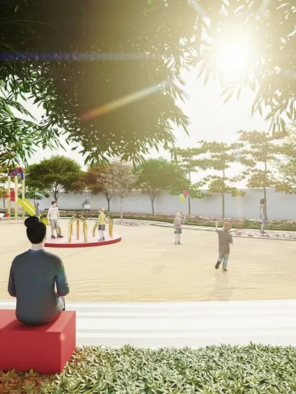 A render of the vision for 'The Sanctuary' play area, filled with children and bathed in sunlight, showing the intended vibrant and happy atmosphere.