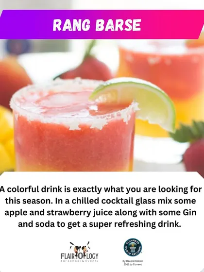The 'Rang Barse' is a colorful and refreshing drink for any celebration. This recipe mixes apple and strawberry juice with gin and soda.