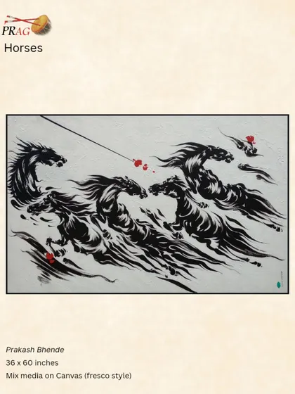 A fresco-style painting of horses by Prakash Bhende, their forms rendered with dynamic, calligraphic strokes that suggest immense speed and power.