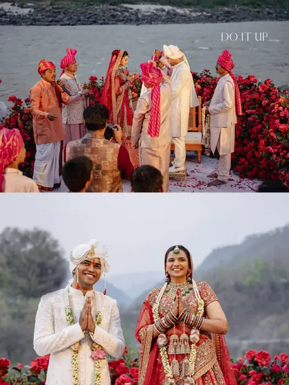 The couple sharing a moment during their phera ceremony. The decor was designed to be low-profile, ensuring the focus remained on them and the breathtaking natural scenery of Rishikesh.